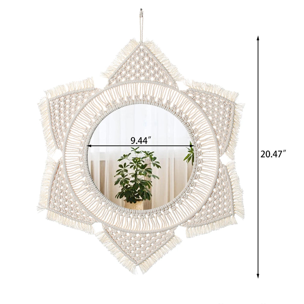 Miroir Rond Décoratif en Macramé Bohème — Décor Mural Artisanal