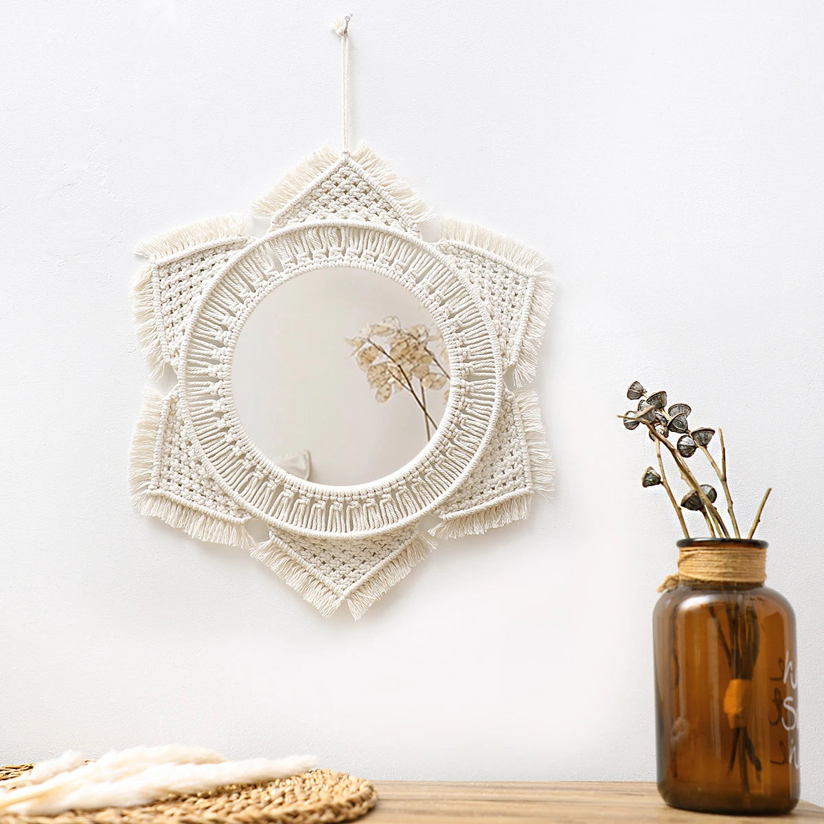 Miroir Macramé Rond Bohème — Décoration Murale Artisanale